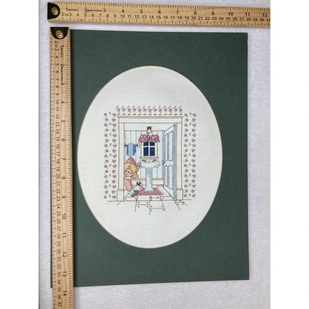 Vintage Counted Cross Stitch Bathroom Boy Girl Wall Art Pair Humor Matted Decor